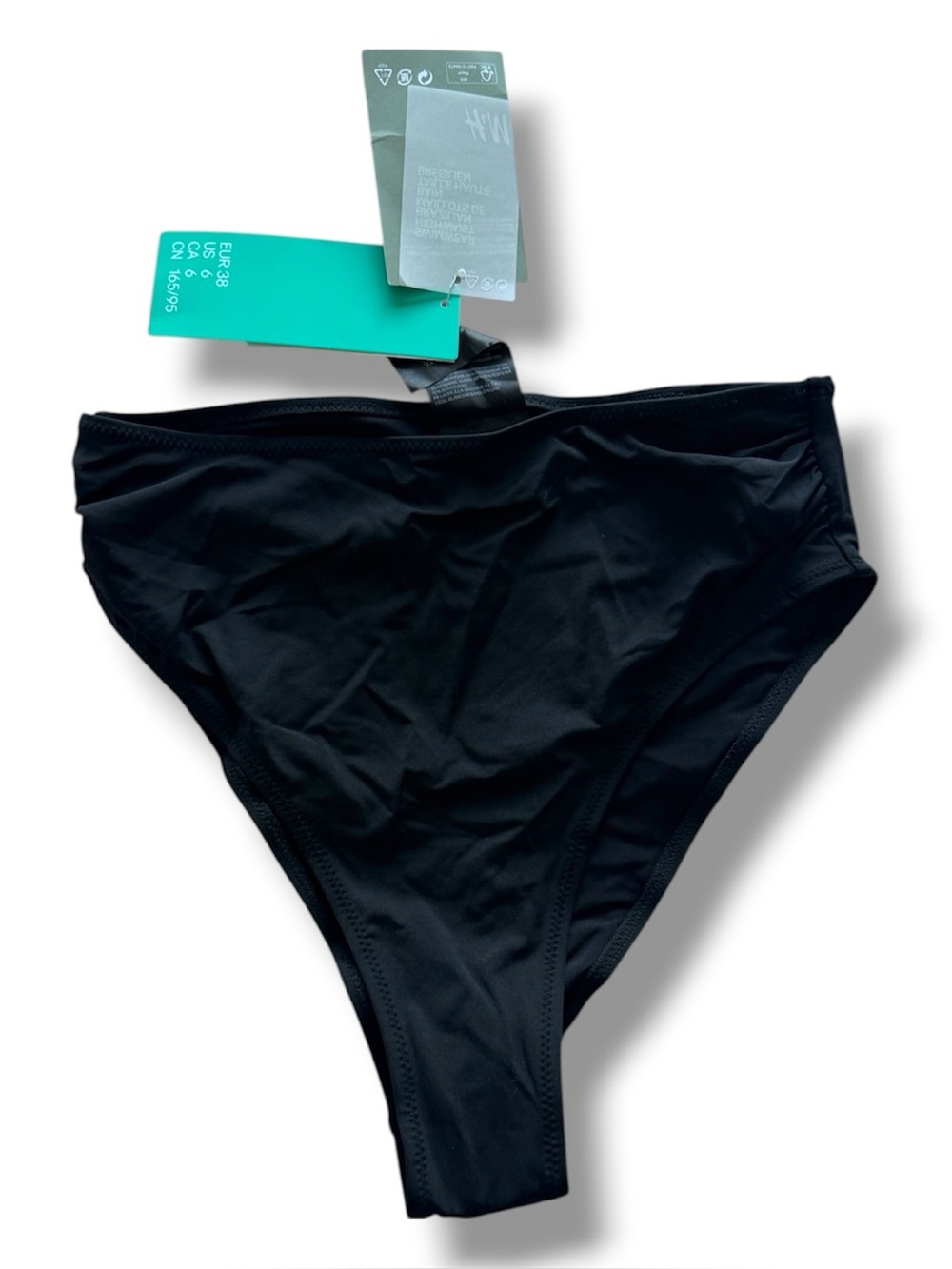 H&M Black High Waisted Bikini Bottom High Cut Size 6 Summer Vacation ECO NEW